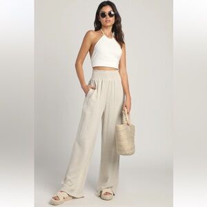 Lulus Hit the Breeze Beige Smocked Wide-Leg Pants